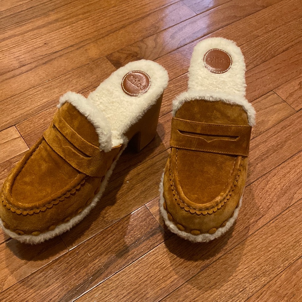 Chloe Joy Suede Shearling Clogs Shoes Size 41 MSRP: $895.00